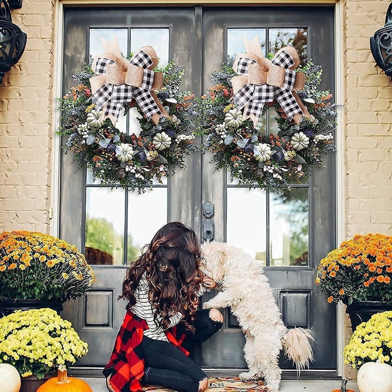 Hongsome Buffalo Plaid Burlap Bows for Wreath 2 Pack 12 x9.4 Large Rustic Farmhouse Decor Tree Topper Check Bow Decorations for Fall Wedding Holiday Party Wall Home Front Door Decorative(Black&White) - Image 5